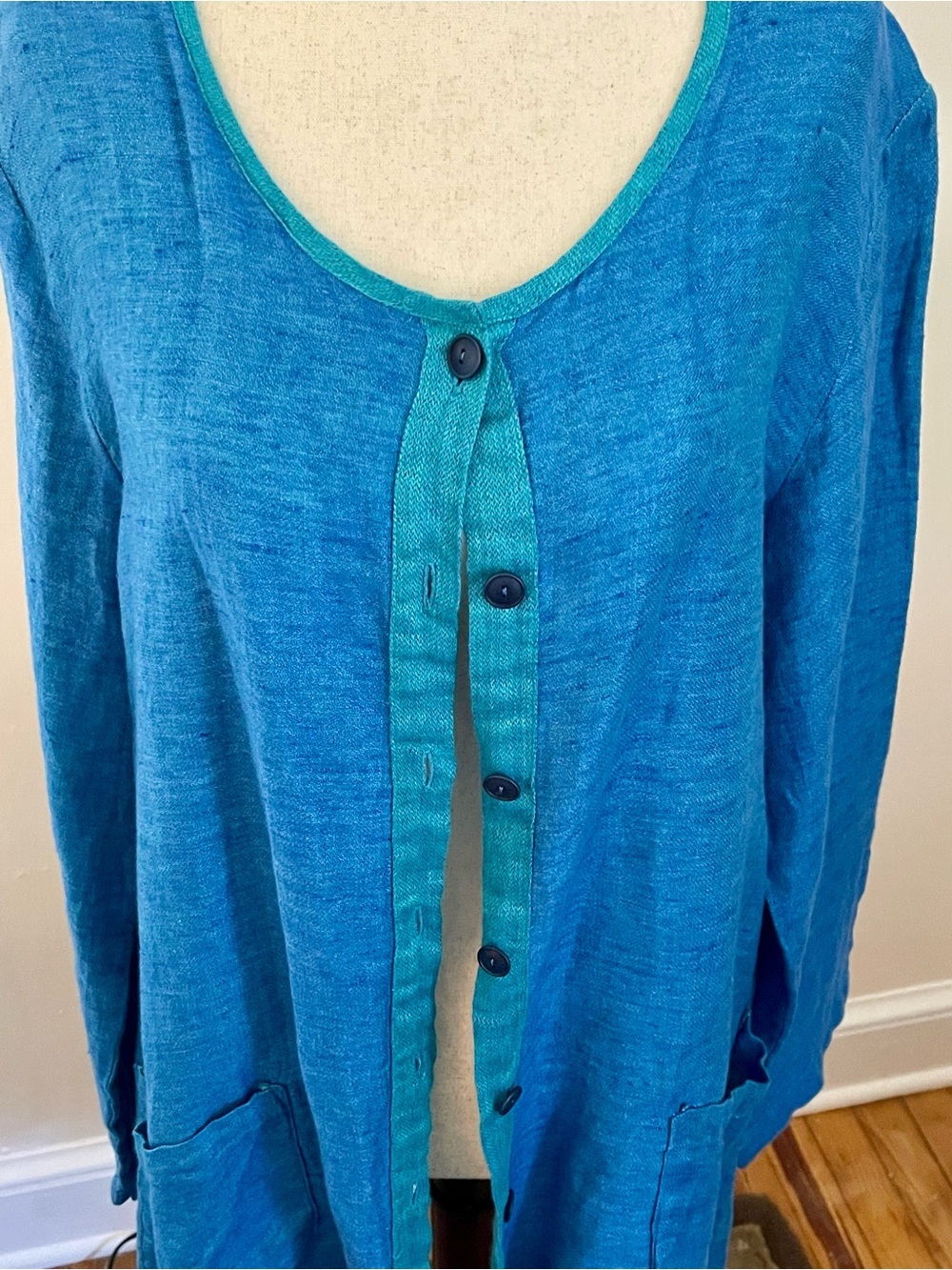 FLAX Size S 100% Linen Long Cardigan Duster Blue Lithuania - Picture 2 of 7